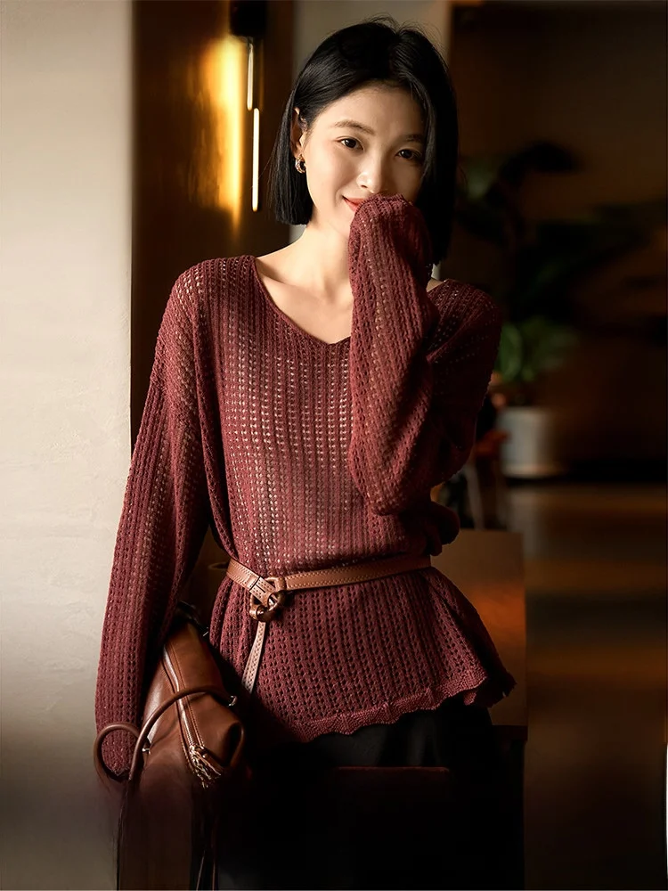 

Loose Fit V-Ne Knitted Sweater Hollow out Lazy Sensation Needlework Hollow V-Ne Knitwear Soft Lenzing Rayon Cotton Blend