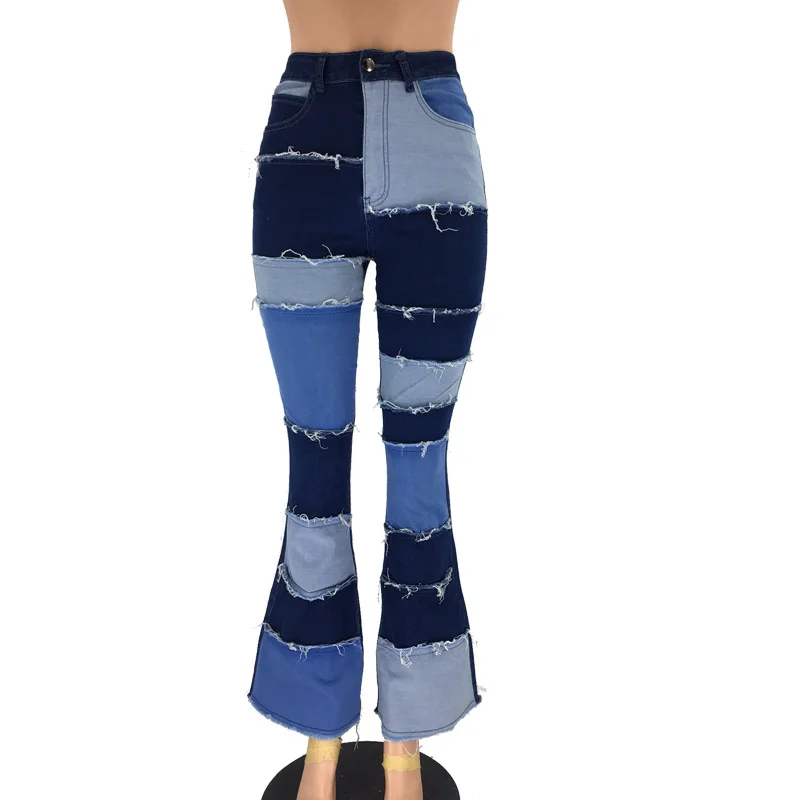 Pantaloni svasati Jeans da donna Taglio a stivale Patchwork Vita alta Stretch Distressed Pantaloni jeans femminili lavati vintage Streetwear