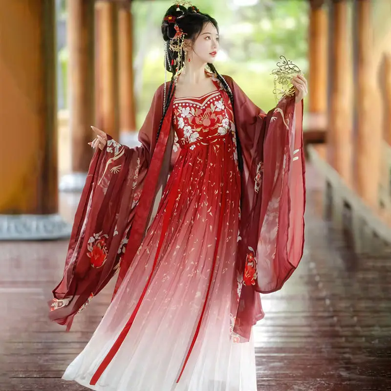 

Chinese Hanfu Dress Women Traditional Vintage Tang Dynasty Hanfu Cosplay Costume Elegant Dance Dress Hanfu Gradient Red 3pcs Set