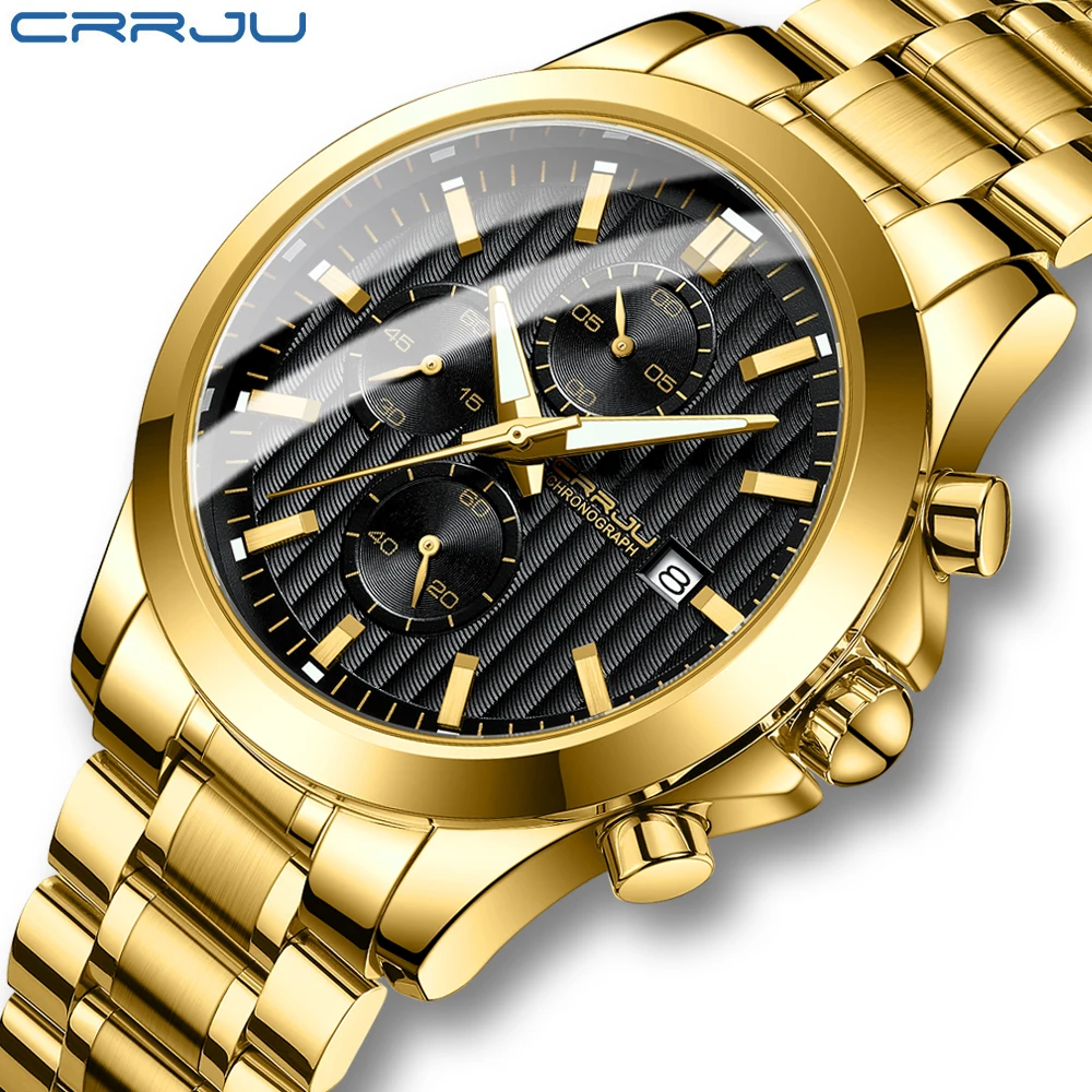 CRRJU orologi al quarzo da uomo in acciaio inossidabile dorato di alta qualità Top Brand Luxury Business orologio cronografo luminoso impermeabile