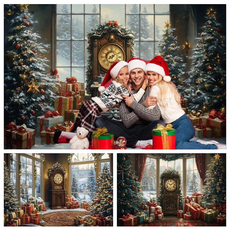 Christmas Oil Painting Style Backdrop Clock Snowy Window Xmas Trees Gifts Indoor Family Vintage Festive Photography Backgrounds