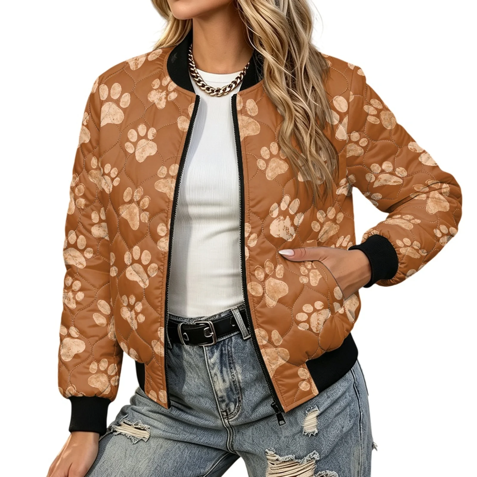PENSTROLL Paw Prints Ladies Quilted Padded Bomber Jacket for Fall Winter Water-Resistant Open Front Coat for Daily Wear