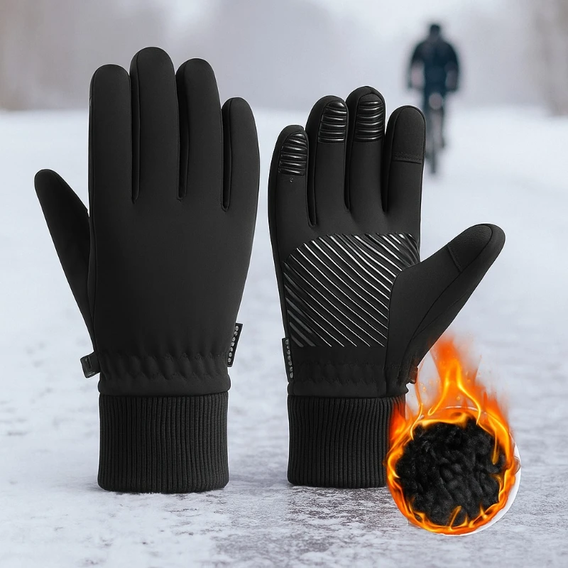 

2025 Black Winter Warm Motorcycle Gloves Waterproof Cycling Outdoor Sports Running Motorcycle Ski Touch Screen Fleece Gloves