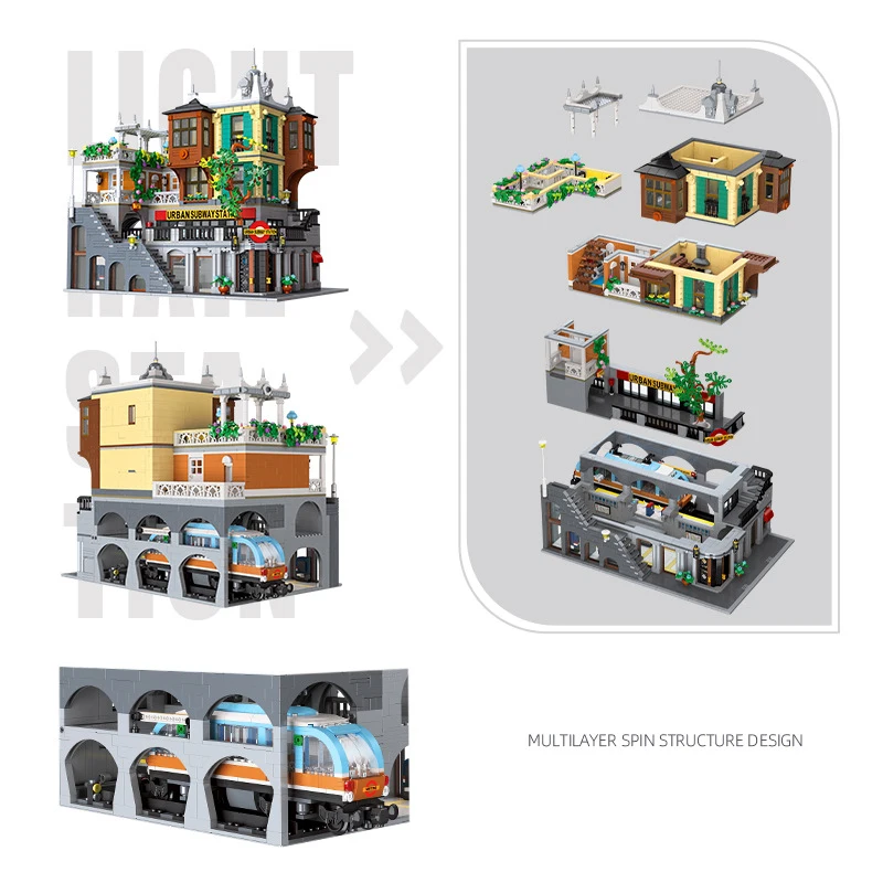 Model Konstruksi Blok Bangunan Stasiun Kereta Bawah Tanah Creative Bricks City Street View, Mainan Edukasi Koleksi Dengan Lampu Untuk Hadiah