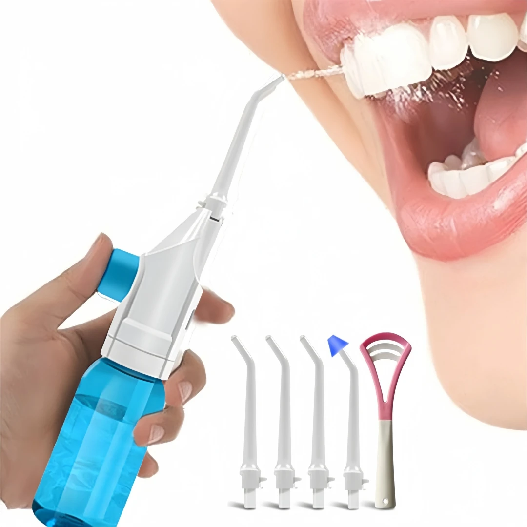 80ML/110ML Water Flosser Hand-Powered Oral Irrigator Water Flosser Nozzles and Tongue Scraper Kit for Teeth Braces