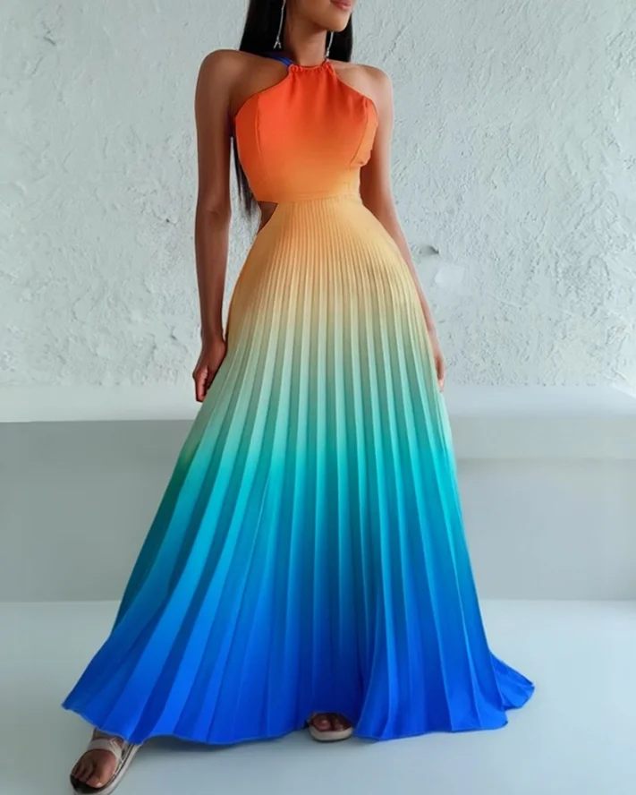 

Women's Dresses Summer New Fashion Rainbow Gradient O-Neck Hanging Neck High Waisted Sleeveless A-Line Dress Casual Midi Dress