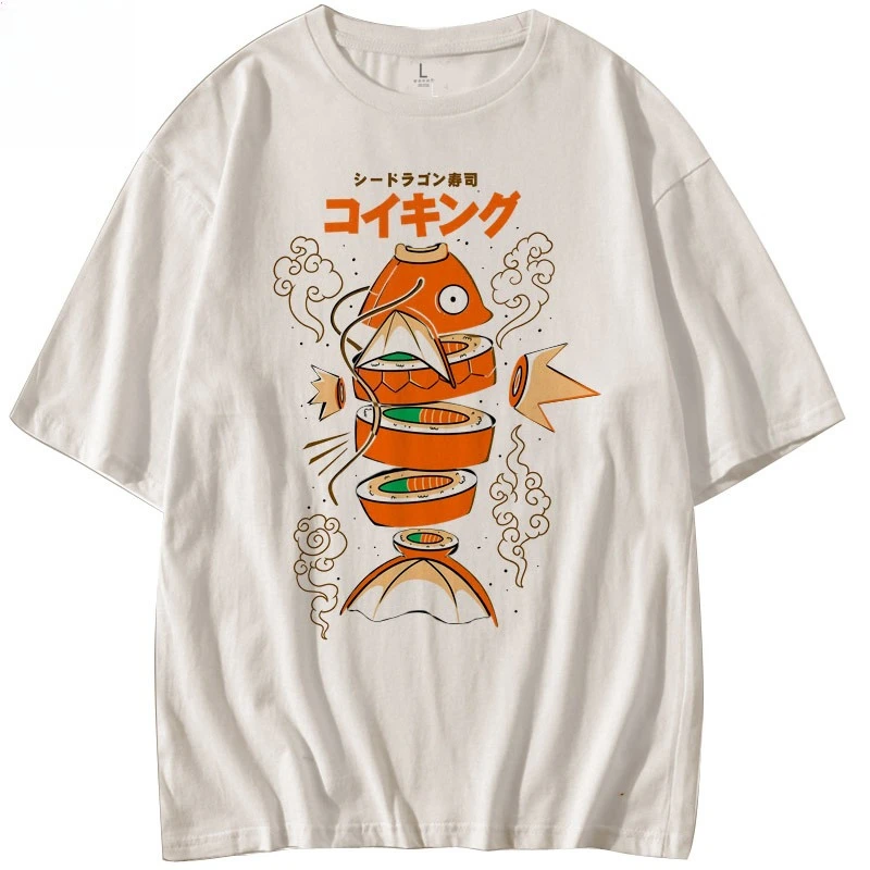 

Japanese Style Pokemon King Carp Magikarp Sushi Sashimi Short Sleeved Pure Cotton T-shirt Loose Men's and Women's Summer Tops