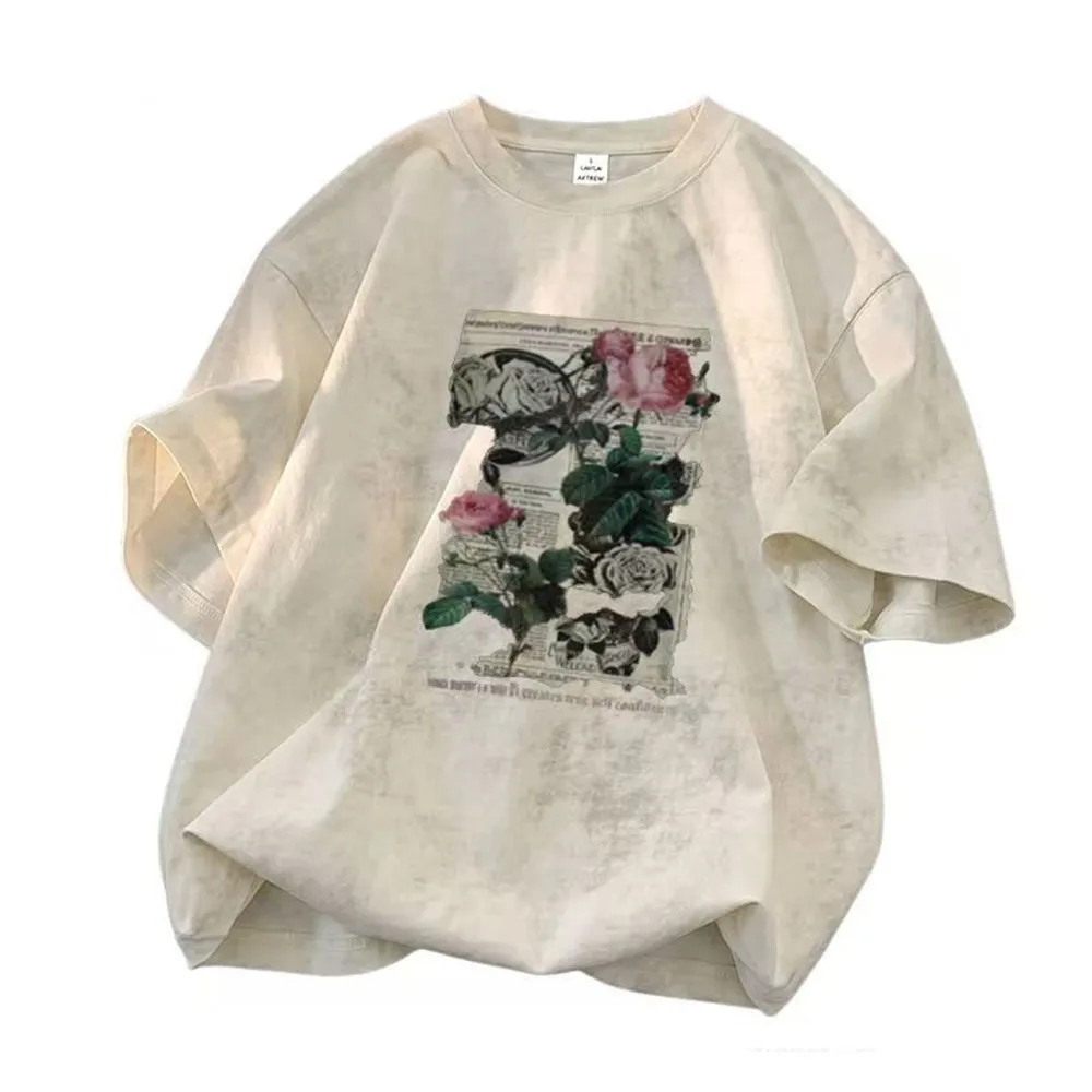 Vintage Rose Pattern Tie Dye Short Sleeve T-shirt For Men and Women, Trendy Versatile Somfortable Casual Wear Crew-neck Top 0A