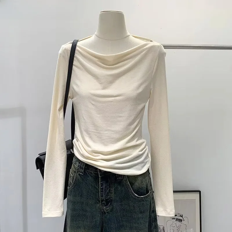 Women T Shirt Cowl Neck Long Sleeve Top French Style Tie Strap Draped Ropa De Mujer Lightweight Layering T-shirts Spring Autumn