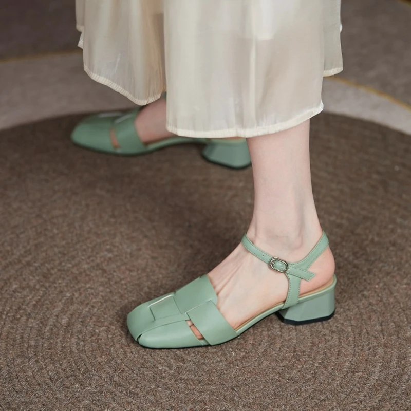 Women's new summer genuine leather sheepskin middle heel hollow out breathable elastic toe cap Mueller shoes fashion sandals
