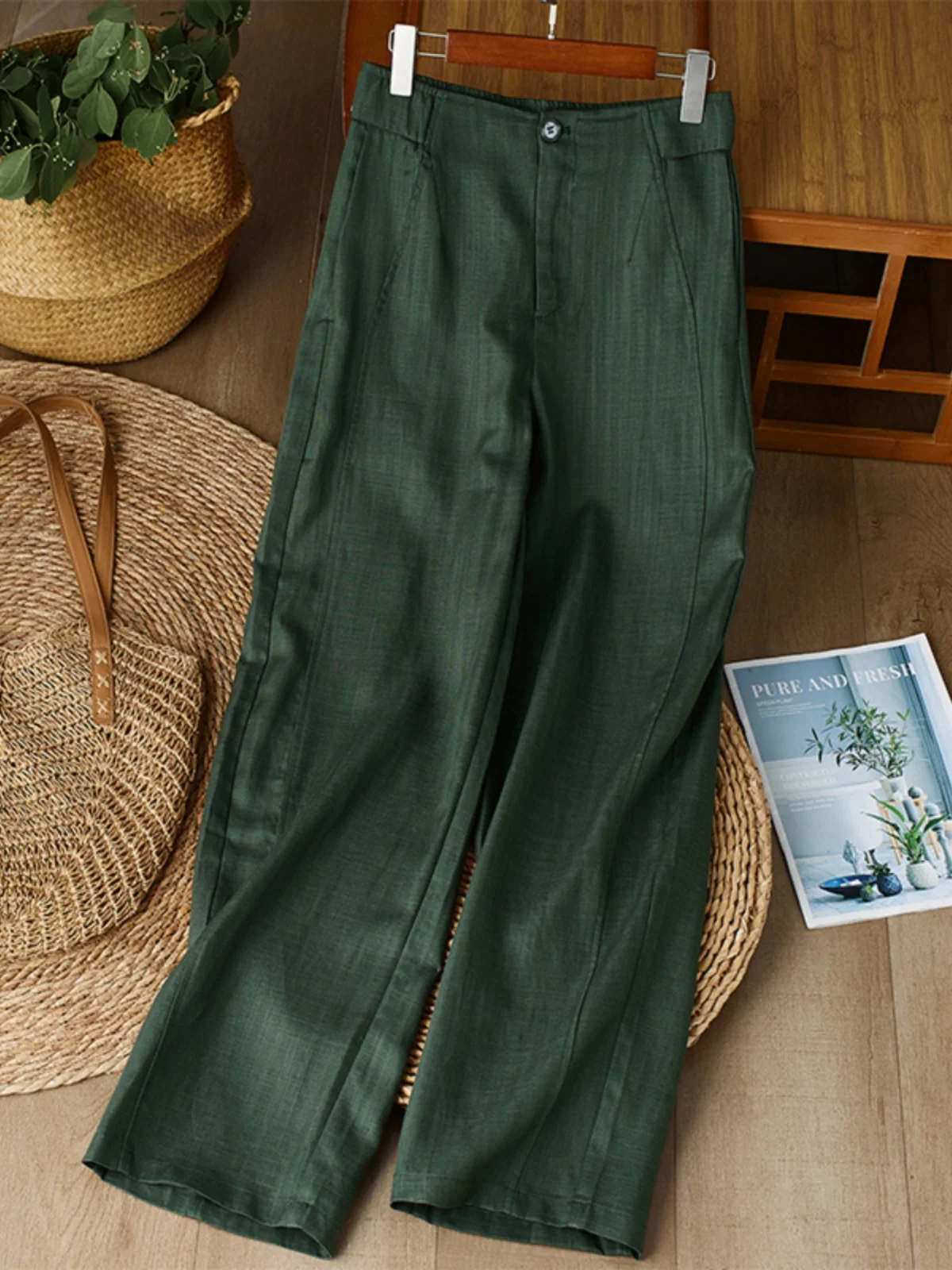 Cintura alta perna reta calças de perna larga feminina algodão linho versão estreita retro sle casual calças compridas início do outono