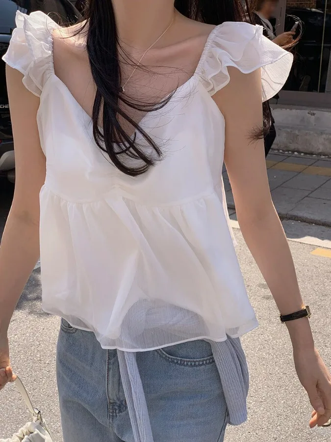 

Korean Style Short Sleeve V-Neck Vest Women's Spring Summer Fashion Cute Doll Shirt Flight Sleeve Cute Younging Top