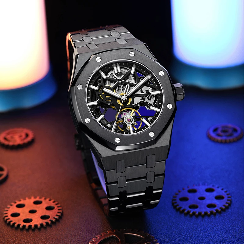 高級自動巻き機械式腕時計、自動巻き中空ムーブメント、ガラス製文字盤、カスタムウォッチデザイン