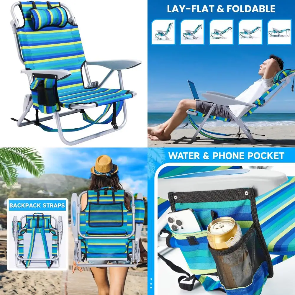 

Adult Portable Beach Chair - Reclining Backpack Style with 5 Positions, Headrest, Cup Holder, Ocean Stripe Pattern