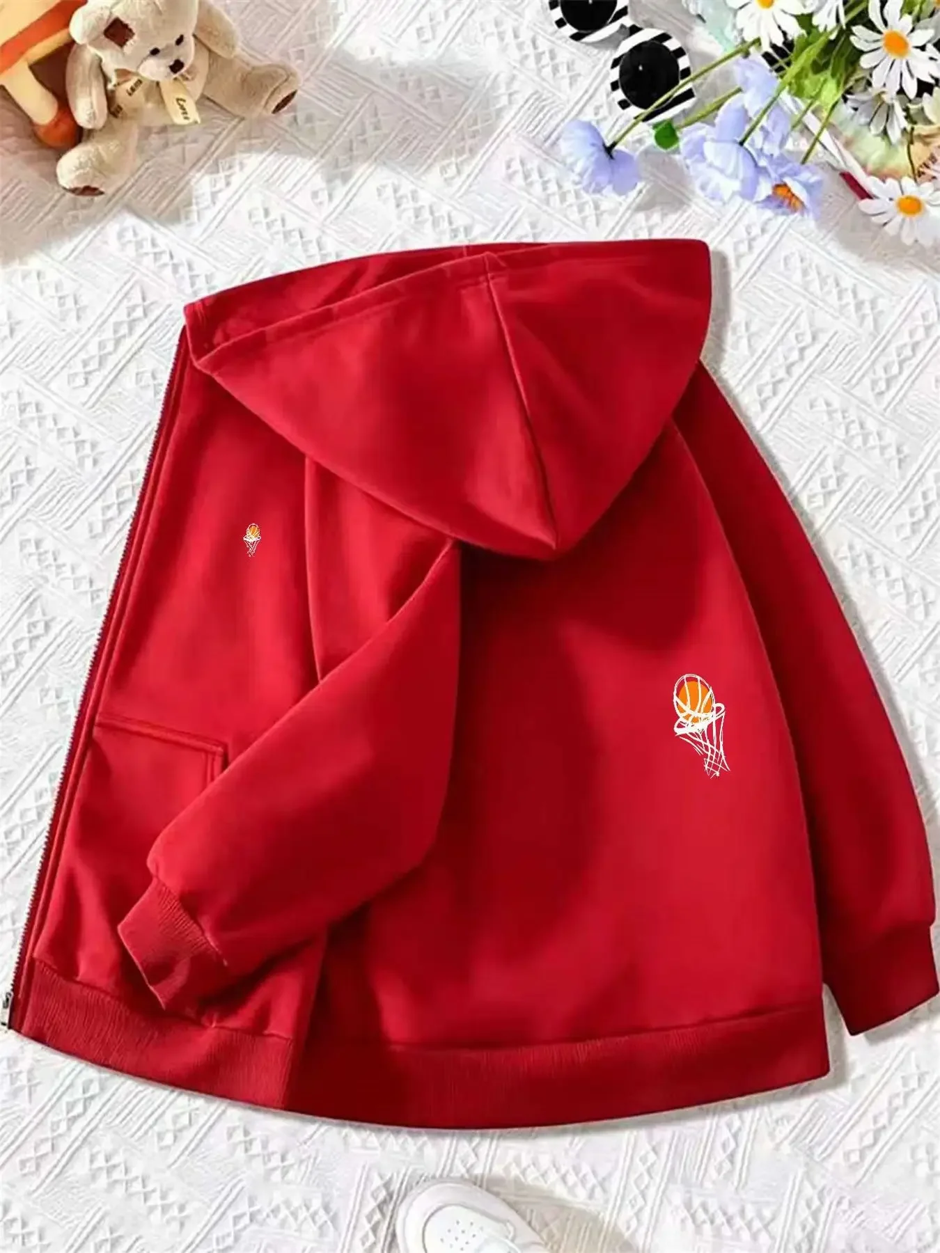 Kids Red Zip Up Hoodie Minimalist Basketball Hoop Graphic Print Long Sleeve Loose Hooded Jacket For Boys Sports Daily Outerwear