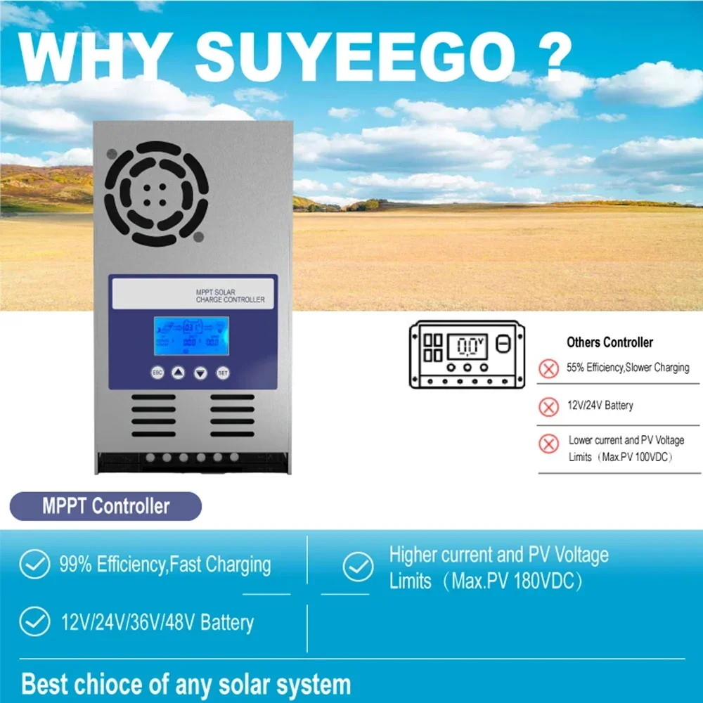 SUYEEGO 60A MPPT Solar Charge Controller with WIFI 12V 24V 36V 48V Auto PV Battery Regulator LCD Display for Lead Acid Lithium