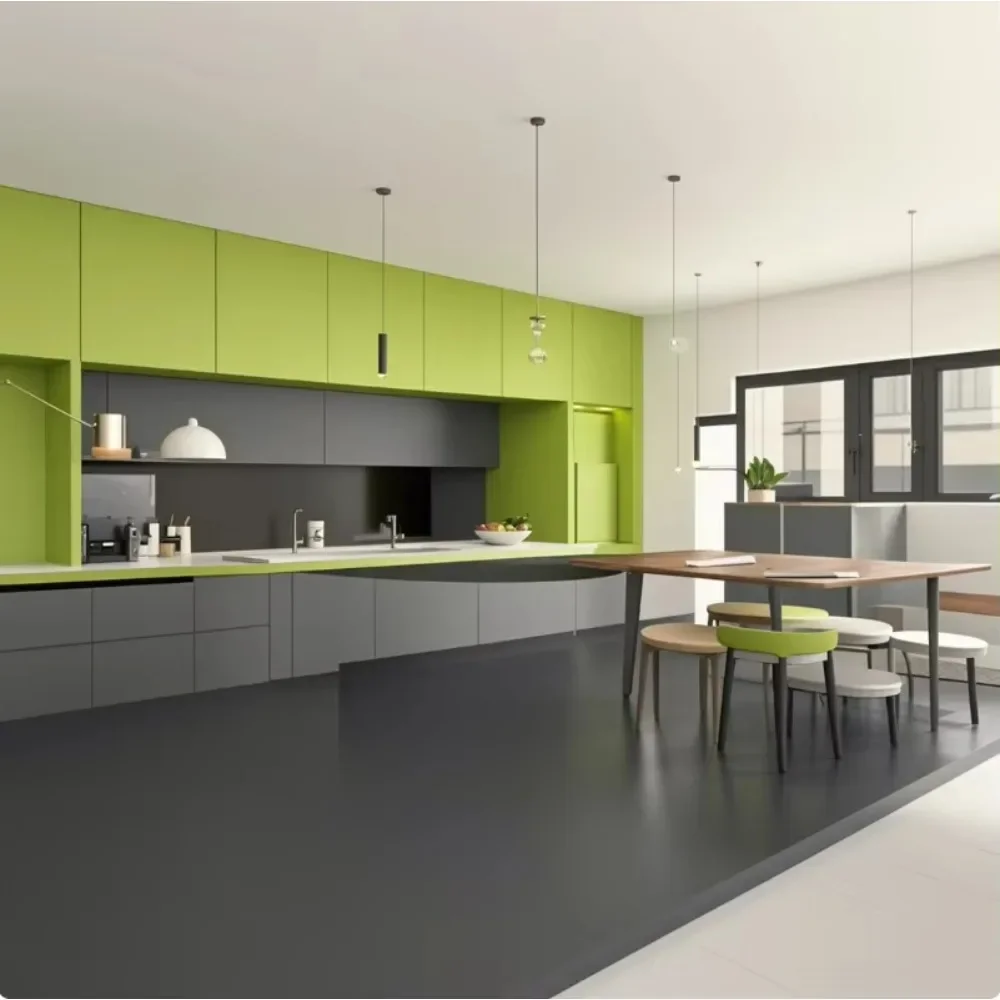 Contemporary Liner Shape Design  Olive Green Bespoke Cuisine Cupboard Lacquer Panel Kitchen Cabinet with Island