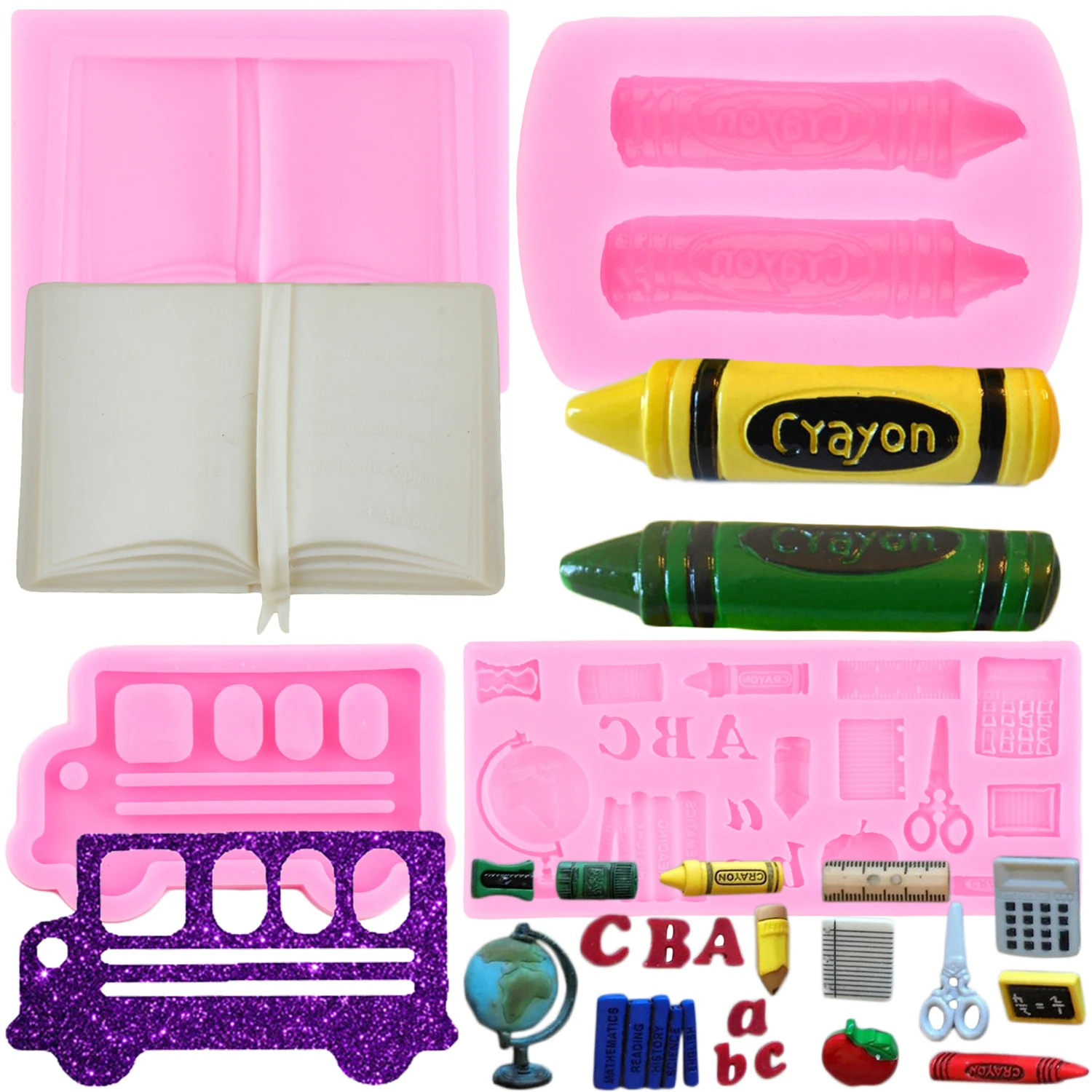 School Bus Book Silicone Molds Pen Crayon Fondant Mold Cake Decorating Tools Chocolate Gumpaste Mould Candy Resin Clay Moulds