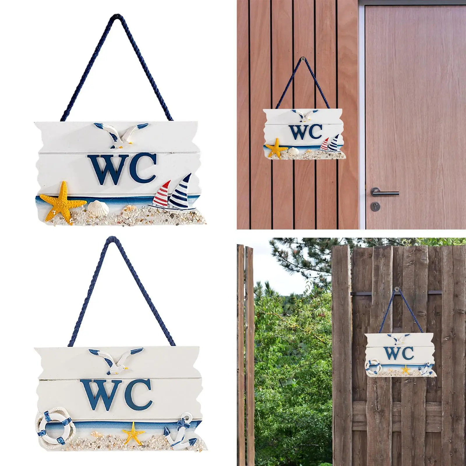 Coastal WC Sign Board MDF Resin Hanging Washroom Door Sign for Home Café Hotel Guesthouse Decor