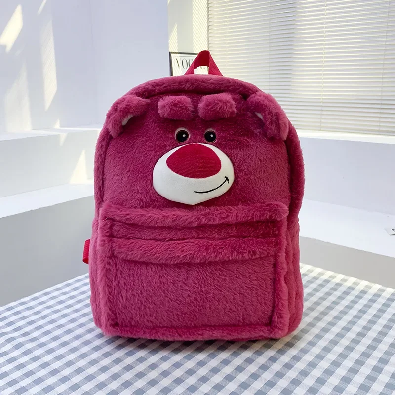 Strawberry Bear Backpack Cute Blue Fur Monster Capacity School Bag Plush Bag Boys Girls Anime Kawaii Cartoon School Bag Mochila