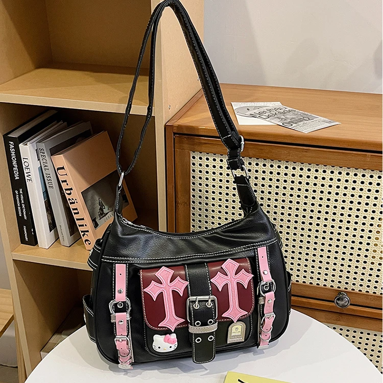 Sanrio Hello Kitty Gothic Retro damska torba Crossbody kreskówka czarny różowy kontrastowa torba na ramię moda podręczne skórzane torby prezenty