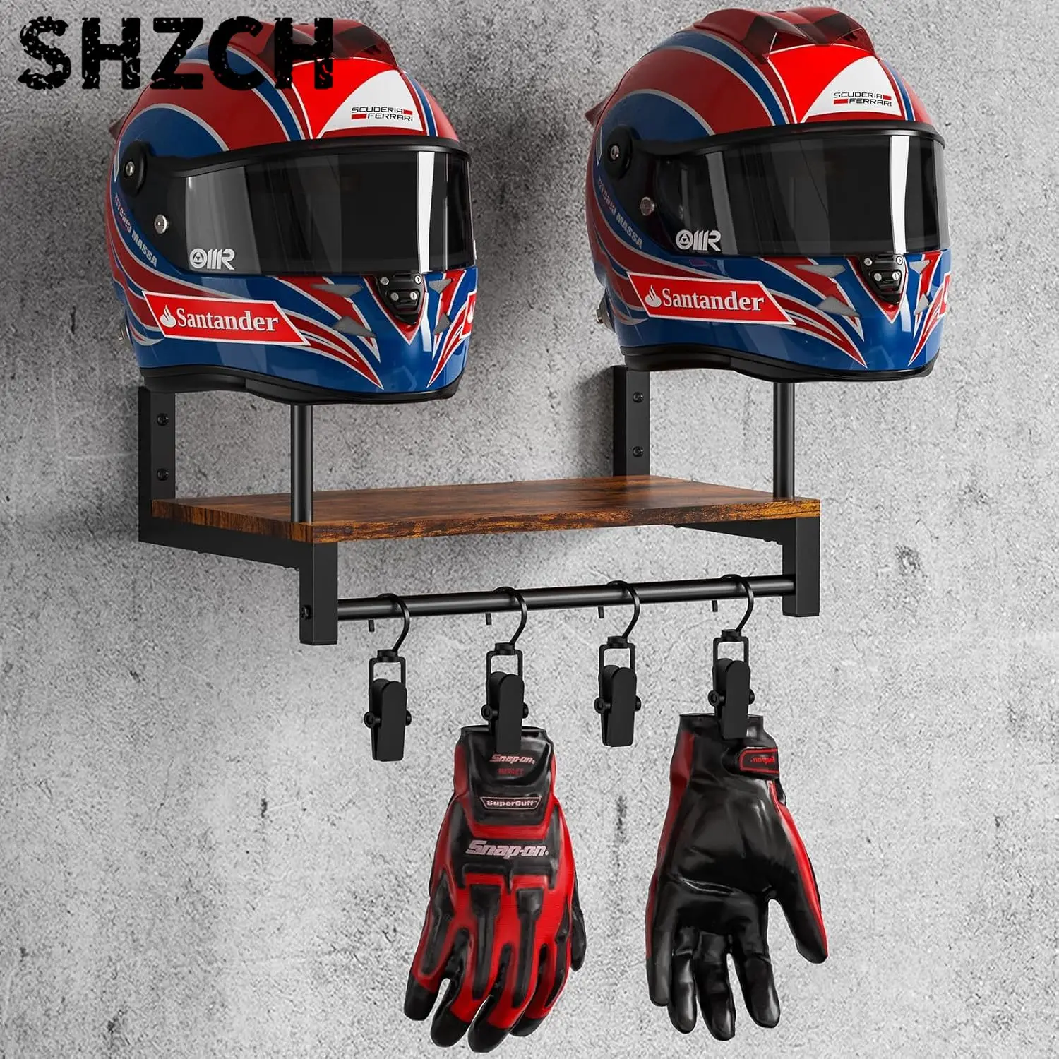 Dual Motorcycle Helmet Rack, Wall Mount Wood Display Stand with Hooks for Jackets & Keys, Biker Gear Organizer