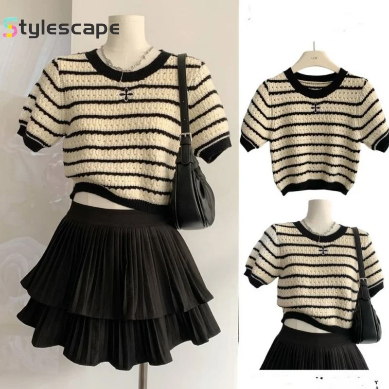 

Half Skirt Striped Knit Shirt Short Skirt Short Sleeved Pleated High Waisted Summer New Fluffy and Slimming Short Top Two-piece