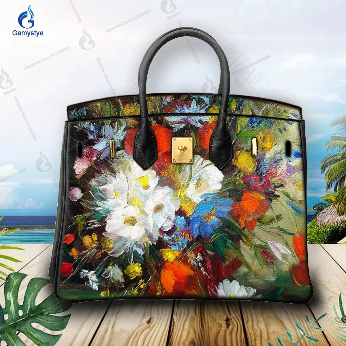 

Art Hand-Painting Blooming flowers Customize Totes Women Bag Designer Crossbody Handbag Female Messenger Totes Real Togo Cowskin