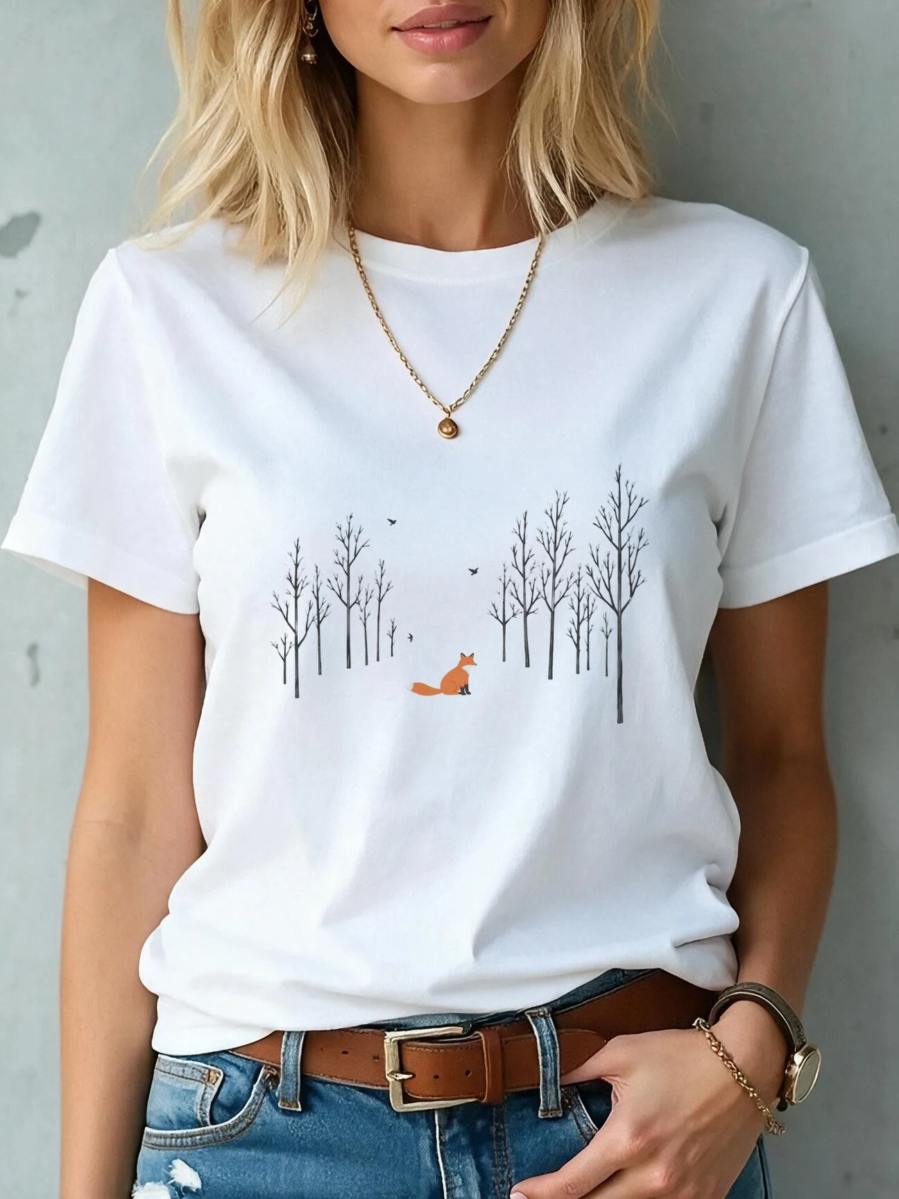 Women's Short Sleeve Crew Neck Tops with The Red Fox in The Winter Forest Vintage Style Y2k T Shirt Clothes for Outdoor Daily