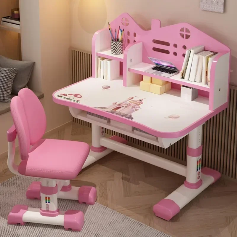 Kids Desk Chair Set Widened Desktop Multi Separation Cartoon Castle Adjustable Height Study Table with Drawer Chair Set Boy Girl