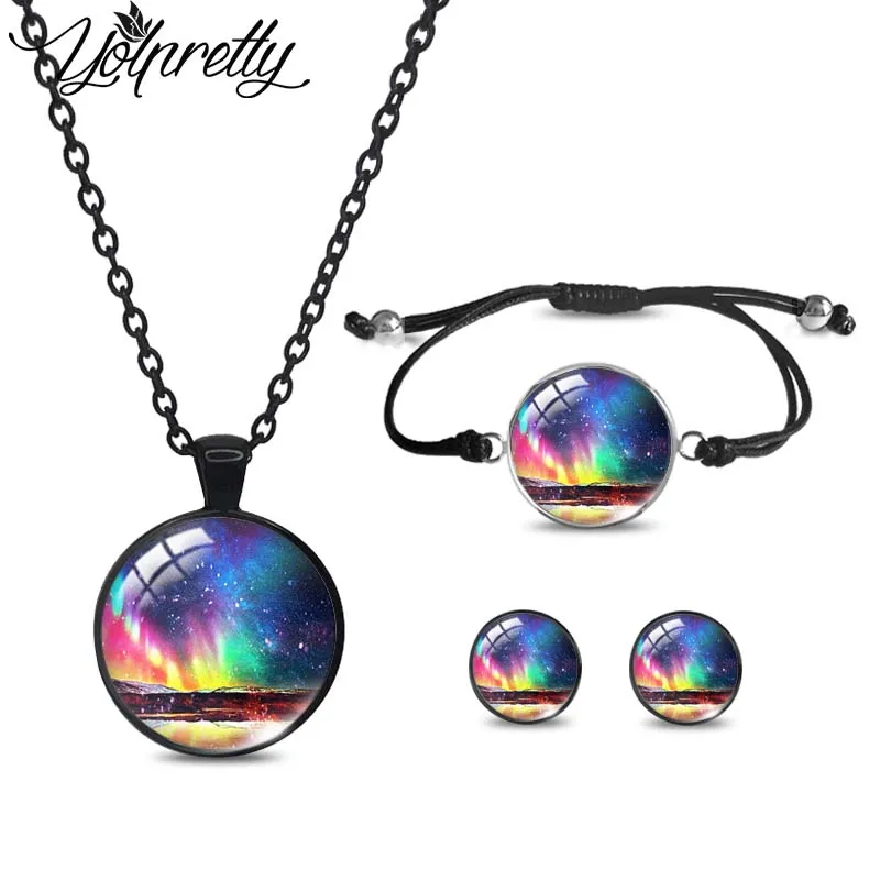 2023 New Arrival Northern Lights Aurora Black Necklace Rope Bracelet Stud Earrings Sets Glass Cabochon Jewelry Sets for Women