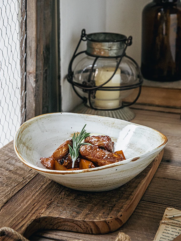 

Japanese Style 8 Inch Rustic Pottery Salad Bowl Unique Ceramic Noodle Soup Bowl