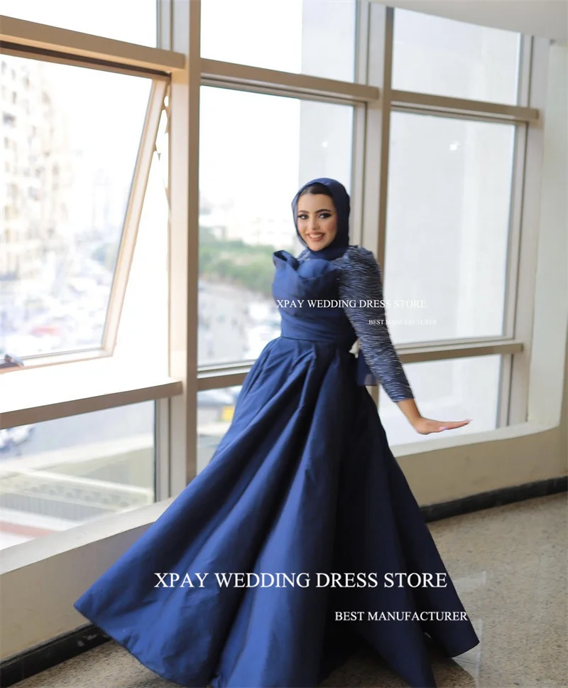 XPAY Modest Muslim Arabic Dubai Women Navy Blue Evening Dresses Long Sleeves High Neck Glitter Satin Prom Gowns Plus Size