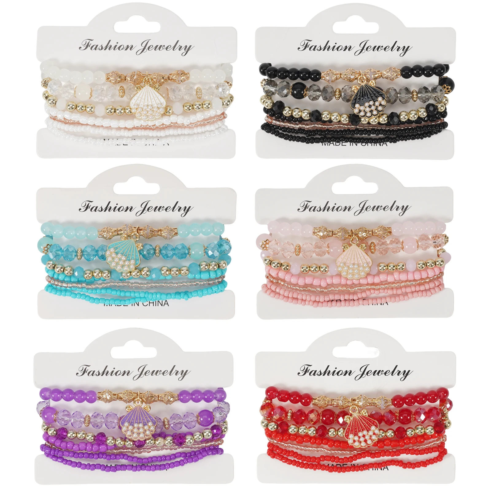 Bohemian Ocean Element Bead Pendant Bracelet Elastic Stacked Rice Bead Bracelet