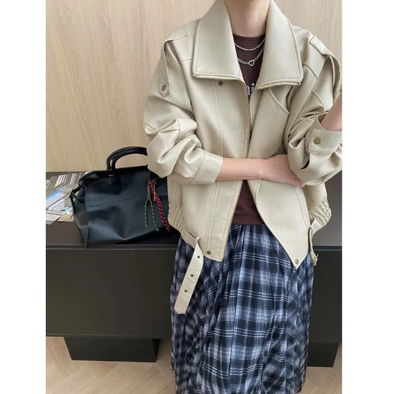 معاطف النساء سترات من الجلد الصناعي رفض طوق معطف بولي Pu العمل Y2k الشارع الشهير سترة سستة عادية فضفاض الخريف الشتاء 2025