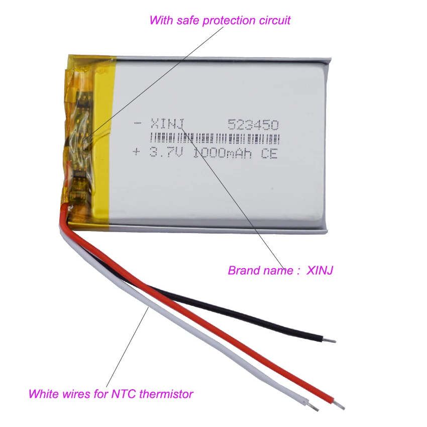 3.7V 1000mAh 3.7Wh Li-Polymer Rechargeable Li Lithium-ion Battery 523450 JST 3Pin NTC Thermistor 3-Wires For GPS Camera Dashcam