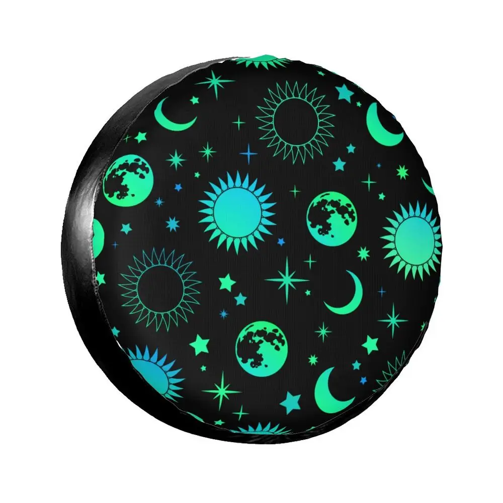 Vintage Neon Green Esoteric Sun Moon Car Tire Dust Cover SUV Truck Travel Trailer Waterproof Tires 14