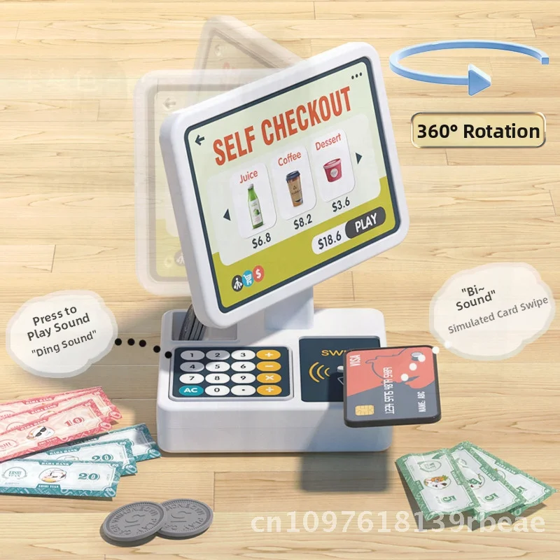 Children's Supermarket Toy Cashier Simulation Playset with Mini Food Scan Code Coffee Machine & Refrigerator for Boys & Girls