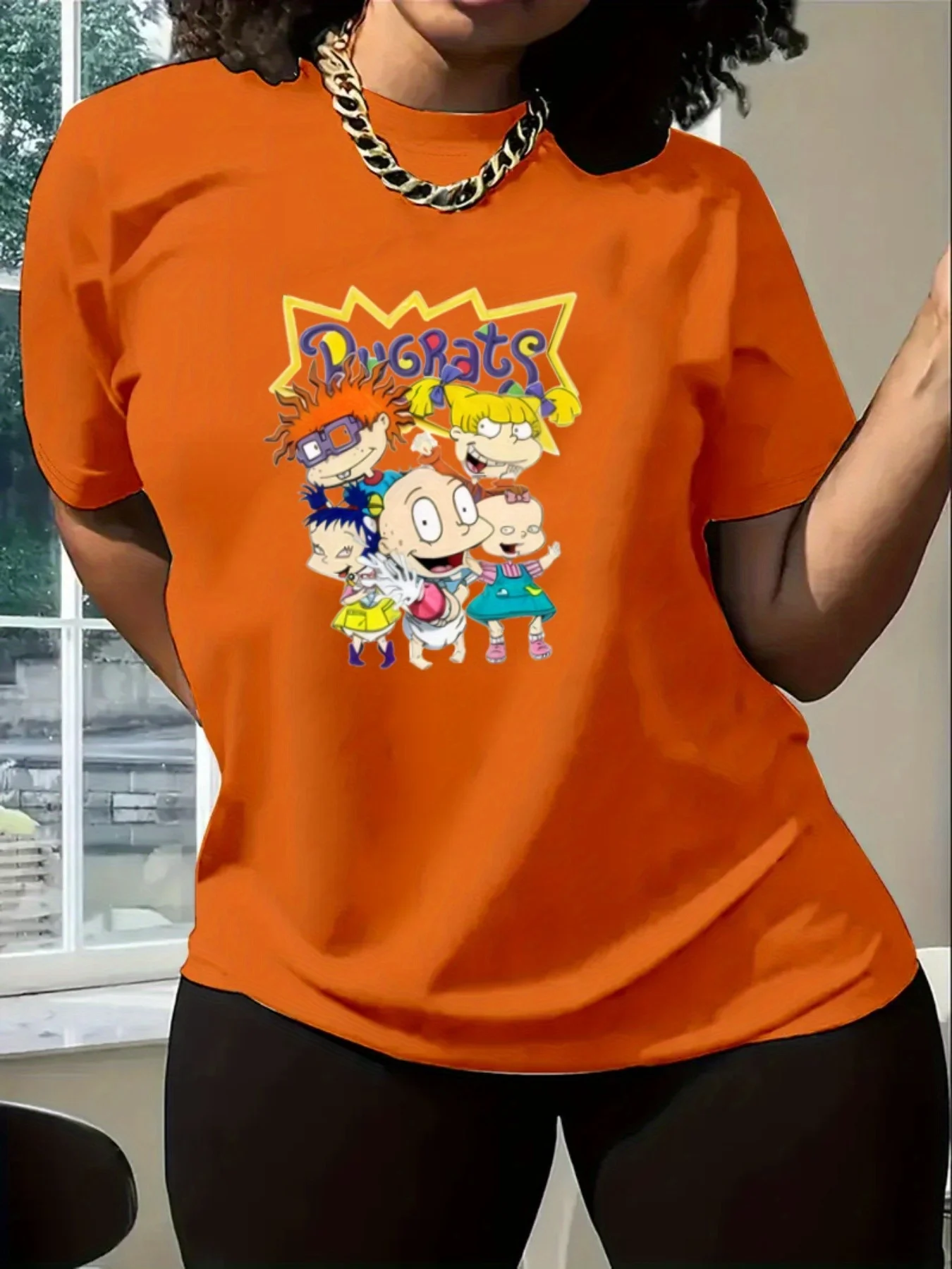 كارتون رغراتس شخصية مطبوعة عادية جولة الرقبة أزياء اليومية أعلى جولة الرقبة تي شيرت بسيط عارضة الملابس القطن التي شيرت