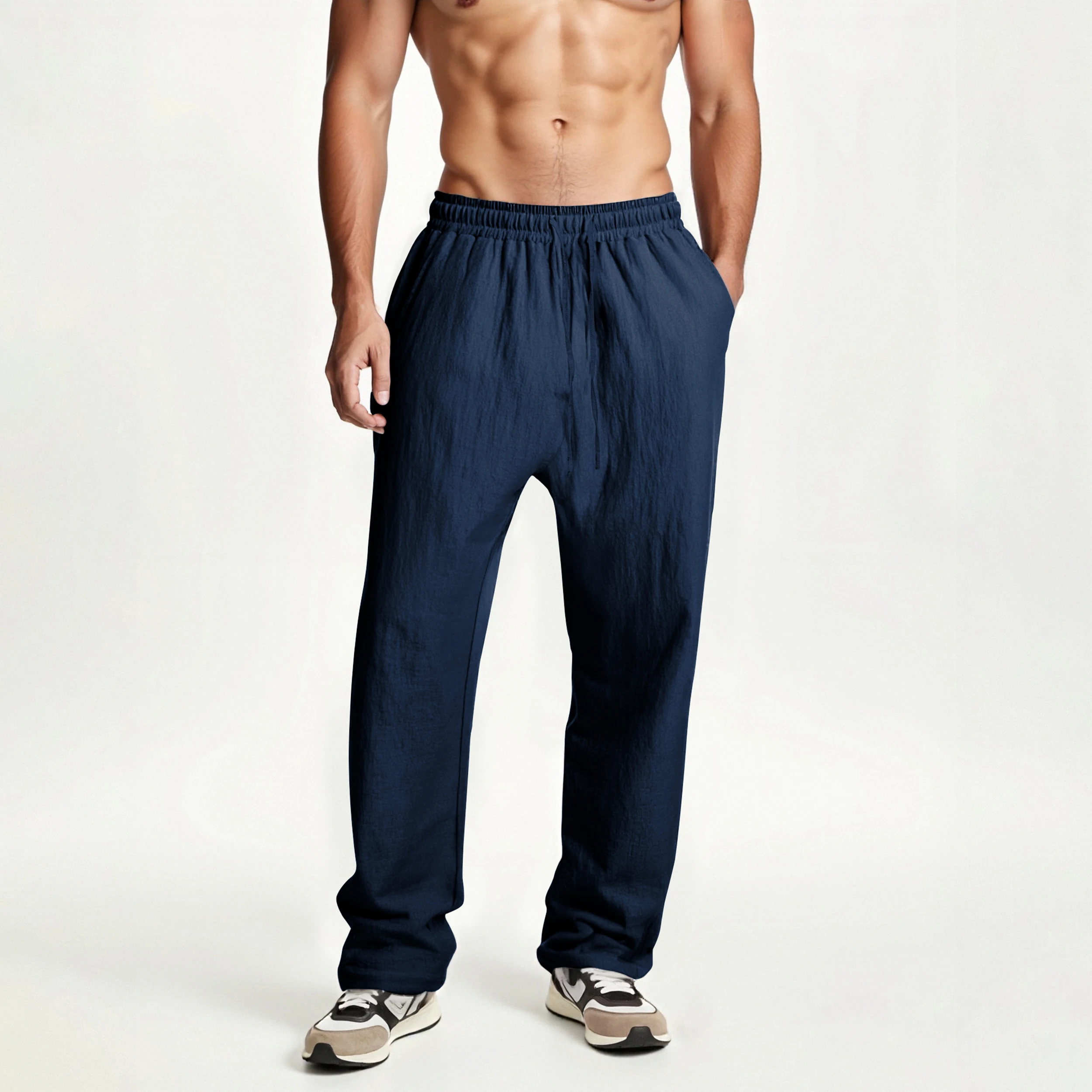 Men's summer solid color cotton and linen lace-up trousers with pockets fashionable and versatile casual men's trousers