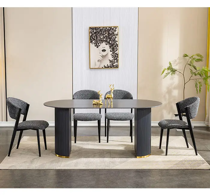 Morden Black Luxury Living Room Furniture Stainless Steel Ceramic Slate Marble Top Dining Table （only table）