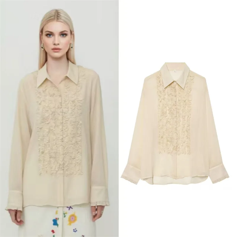Women's shirt 2026 Fashion Trend Spring and Autumn Lapel Blended Fabric Pleated Bib Shirt Women's shirt