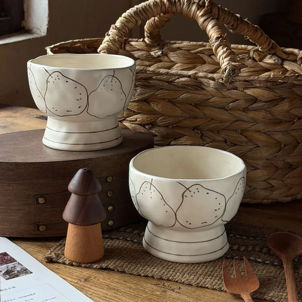 Creative Hand Painted High Foot Porcelain Bowl Korean Style Ins Cute Ceramic Homehold Food Container Yogurt Fruit Salad Bowls
