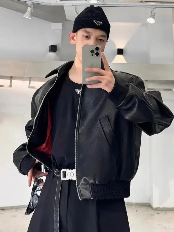 

Retro American Hip Hop ort PU Leather Jaet Men's Loose Fit Motorcycle Jaet Outerwear Autumn Season Faion Sle