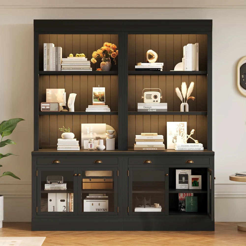 

83.4'' Tall 2-Piece Bookshelf Suite with LED Lighting, Glass Doors, Drawers & Open Shelves for Living Room/Home Office, Black