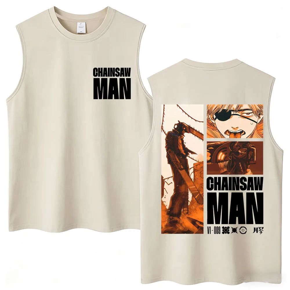 Washed Anime Chainsaw Man Denji Pochita Tank Tops Harajuku Vintage Manga Sleeveless Vests Men Women Loose Cotton Cosplay Tshirt