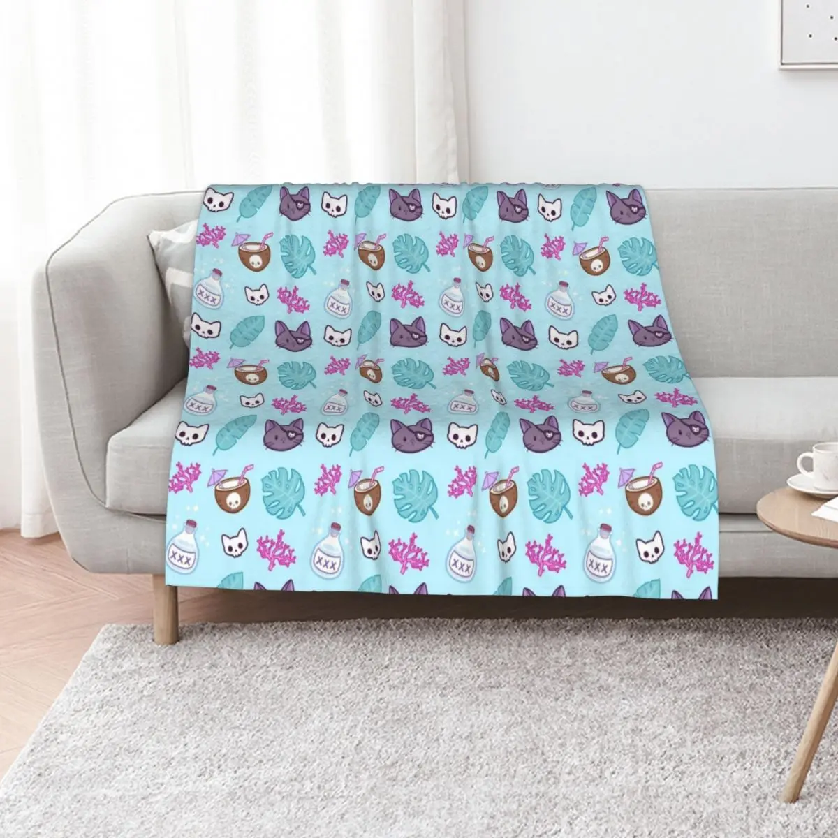 Pirate Cat // Turquoise | Nikury Throw Blanket Soft Multi-Purpose for winter Stuffeds Picnic Summer Beddings Blankets