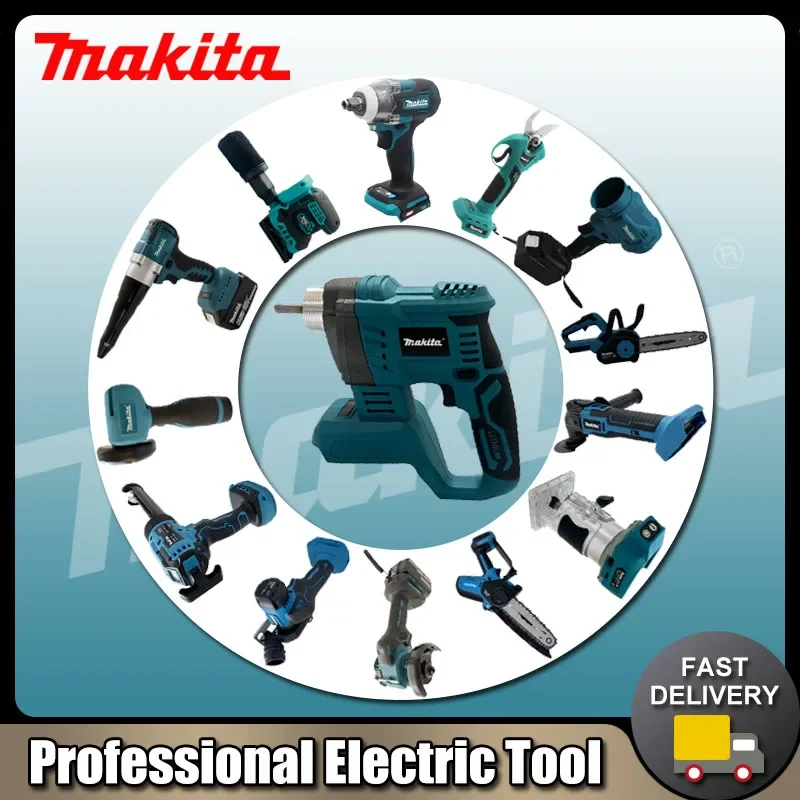 

Многофункциональные электроинструменты Makita: электрический триммер, трехдюймовый резак, электрический воздушный насос, машина для укладки плитки, электрический шприц для смазки.