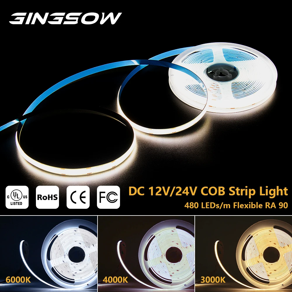 Gingsow COB LED 스트립 조명, DC 12 V, 24V, 320 480 LEDs/M 고밀도 유연한 UL 등록, 웜/쿨 화이트 RA90 테이프 리본, 5 m, 10m