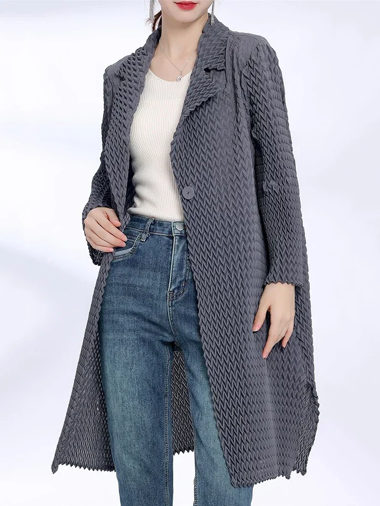 

Pleats Pleated Lapel Trench Coats Women Single Button Full Sleeve Solid Color Versatile Temperament Long Windbreaker Clothing